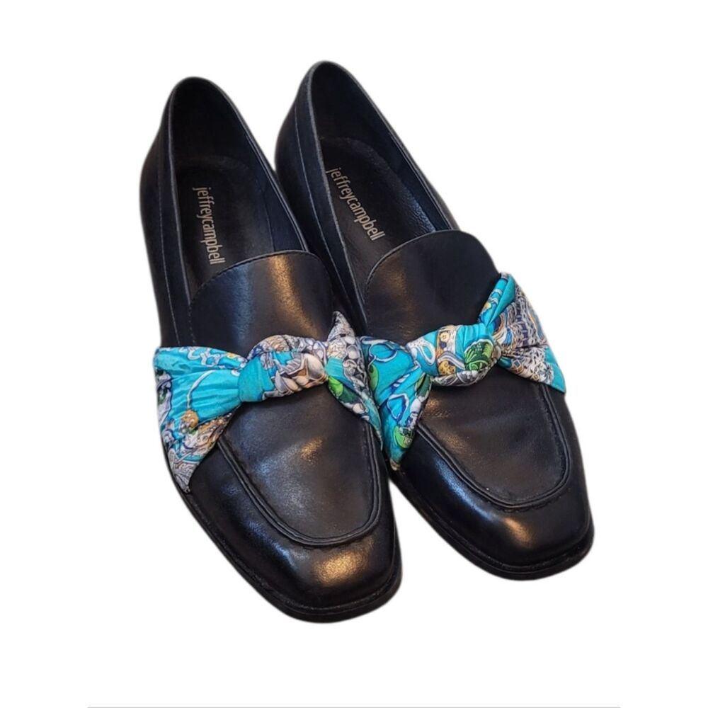 Jeffrey Campbell Bollero Black Leather  Blue Turquoise Scarf Loafers Size 9